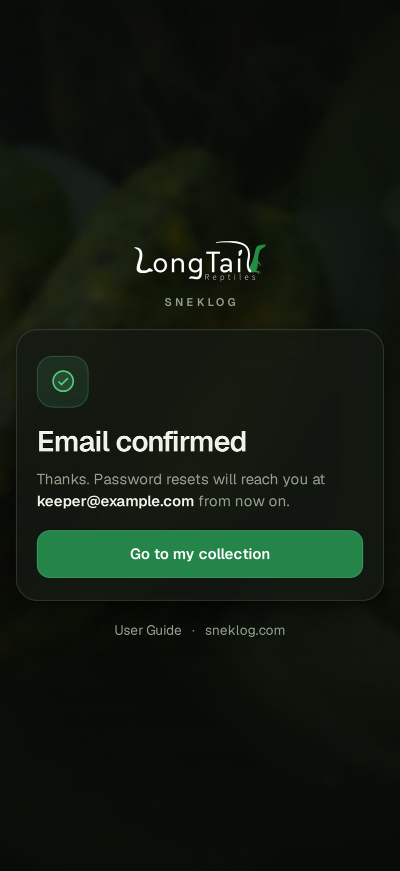 The Email confirmed page on a phone: Thanks. Password resets will reach you at keeper@example.com from now on, and the Go to my collection button.