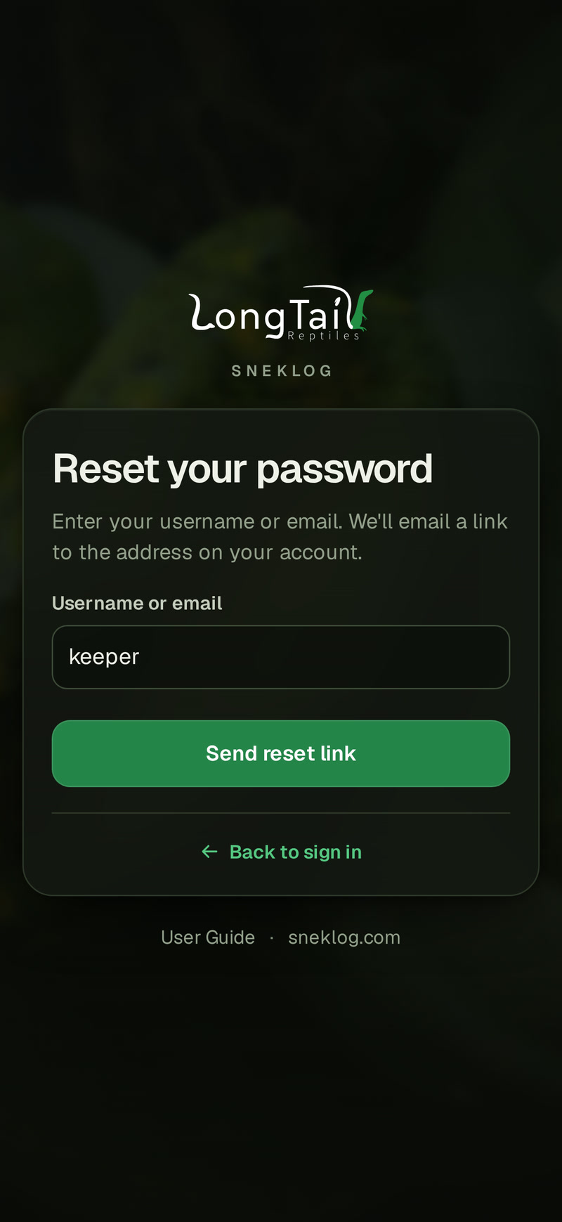 The Reset your password card on a phone: keeper typed in Username or email, the Send reset link button, and Back to sign in.