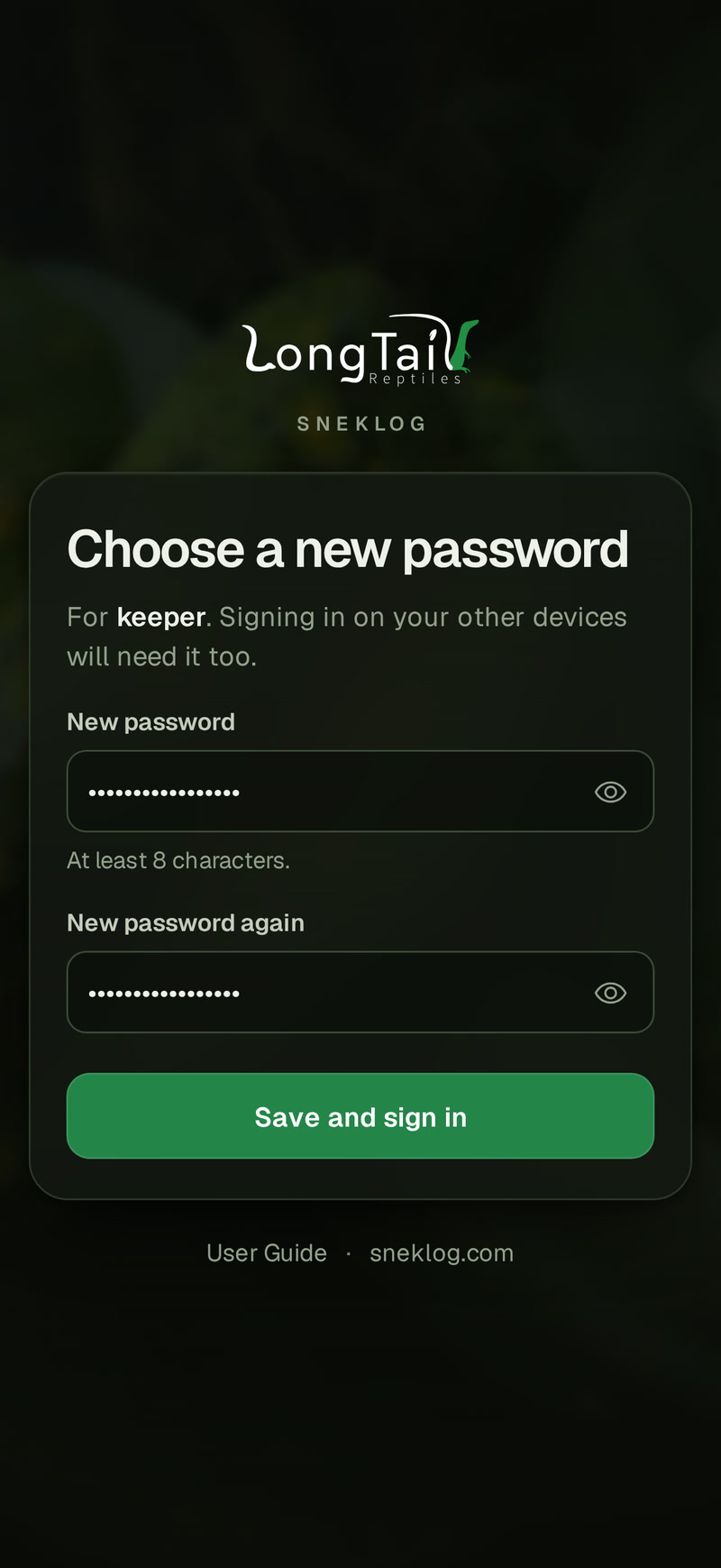 The Choose a new password card on a phone: For keeper, both password boxes filled in as dots, and the Save and sign in button.
