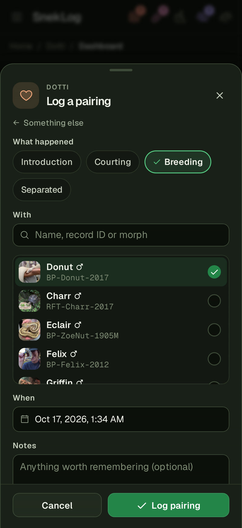 Dotti's Log a pairing sheet on a phone: under What happened, Breeding is picked among Introduction, Courting, Breeding and Separated; under With, a find box above the list of males, with Donut picked at the top; Log pairing at the bottom.