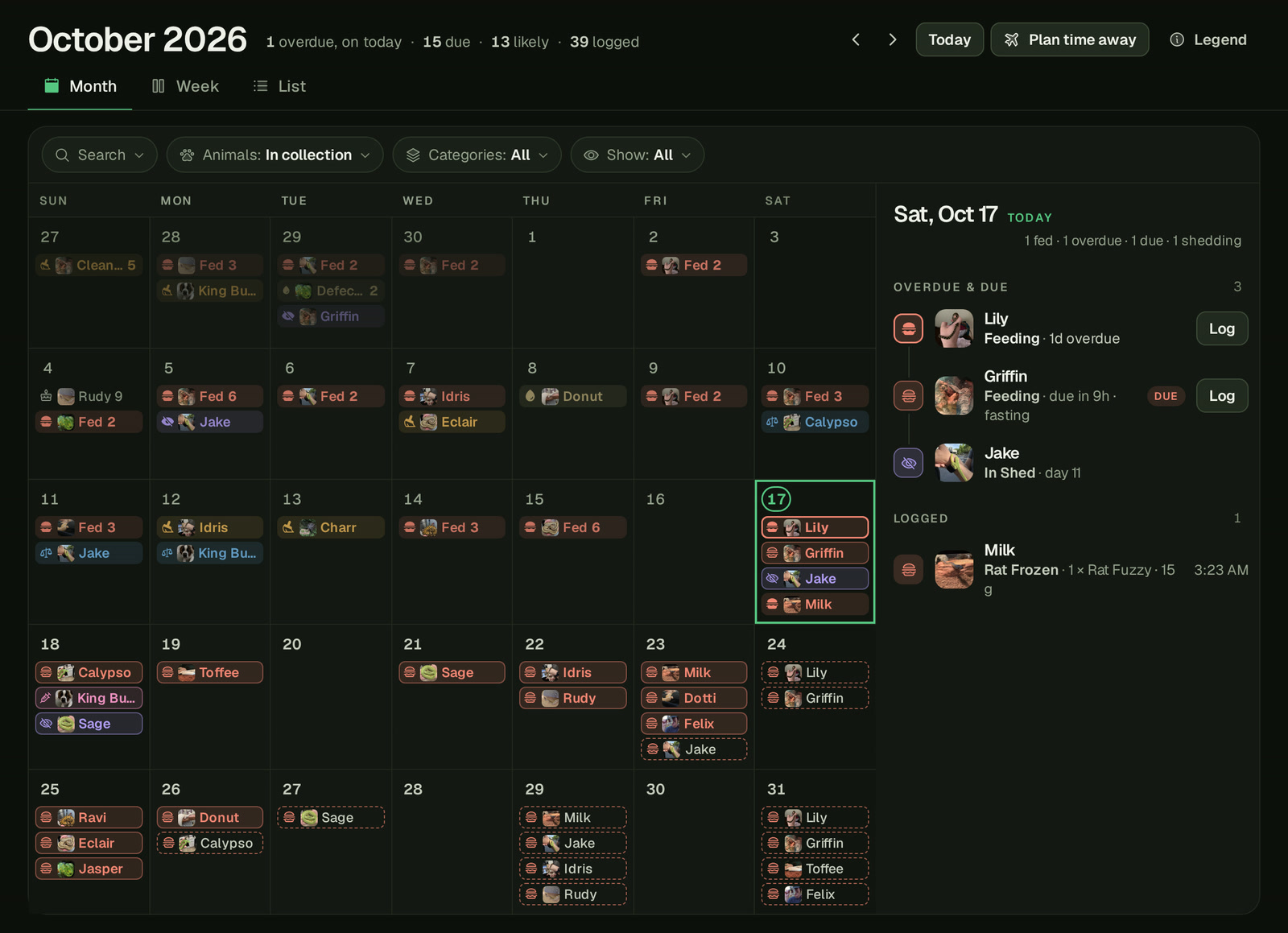 The Calendar's Month for October 2026 on a computer, with today picked: a logged icon reading Fed 6, today's ring with Lily's feeding overdue on it, a due icon later in the week, dashed likely icons after it, the birthday Rudy turns 9, and the day panel beside the month listing today's groups.