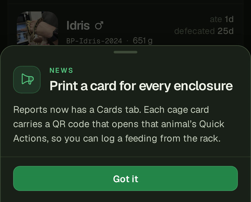 An announcement sheet over Home on a phone, Home dimmed behind it: a megaphone icon, NEWS, the title Print a card for every enclosure, a line about the new Cards tab and its QR codes, and the Got it button at the foot.