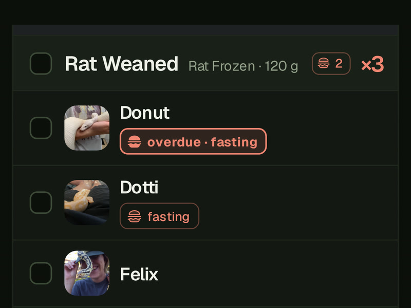 The Rat Weaned group on the Daily Food List on a phone: its header reads Rat Weaned, with Rat Frozen and the group's weight beside it, a fasting note reading 2, ×3 and a tick; under it Donut with an overdue · fasting icon, Dotti with a fasting icon and Felix with none, each with a tick and a photo.