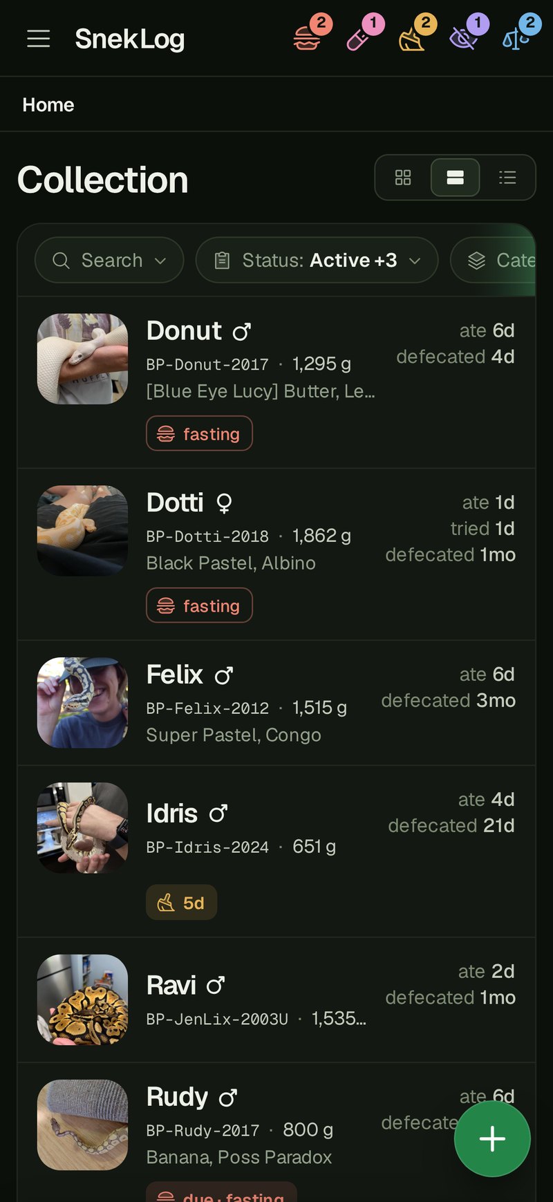 SnekLog's Home screen on a phone, listing Donut, Dotti, Felix, Idris, Ravi and Rudy with their icons.