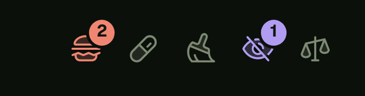 The right end of the top bar on a phone: five care icons, Feeding with a count of 2 and Shedding with 1 in their colors, and Medication, Cleaning and Weighing dimmed with no count.