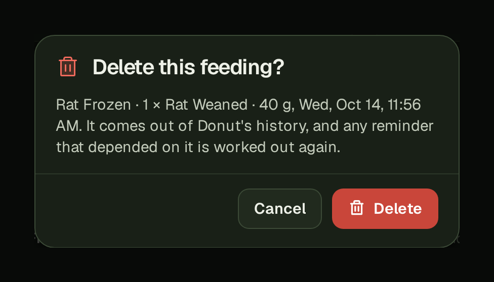 On a computer, the card Delete this feeding? over Donut's dimmed Dashboard: his feeding of Rat Frozen, Rat Weaned with its date and time, the line that it comes out of his history and his reminders are worked out again, then Cancel and a red Delete.