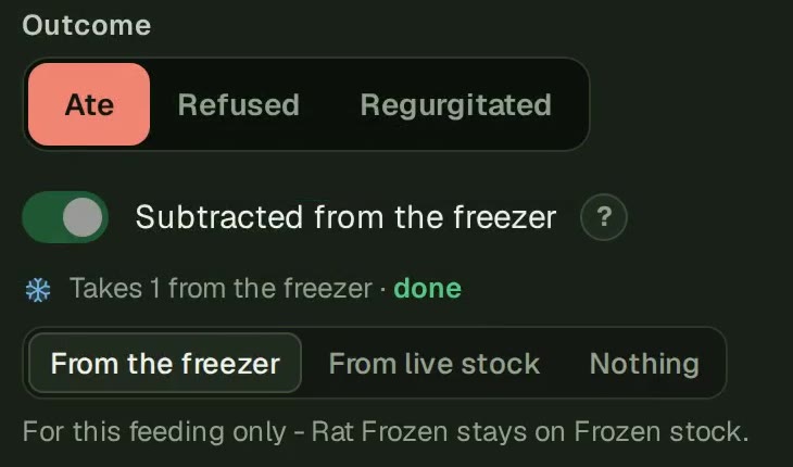 The Feeding form, Outcome on Ate. Subtracted from the freezer is on, it reads Takes 1 from the freezer, and From the freezer, From live stock and Nothing are offered, for this feeding only.