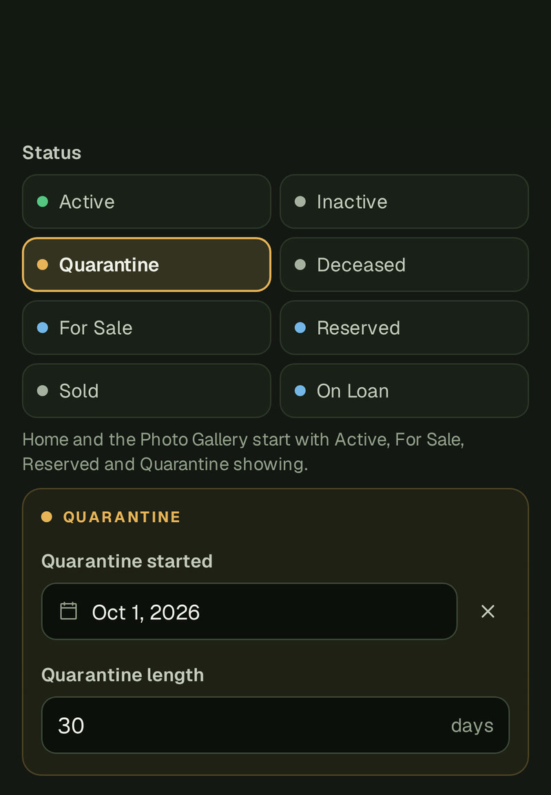 The Status field in Donut's Update on a phone: the eight statuses as choices with Quarantine picked, the line Home and the Photo Gallery start with Active, For Sale, Reserved and Quarantine showing, and under it a Quarantine box with Quarantine started and Quarantine length, 30 days.