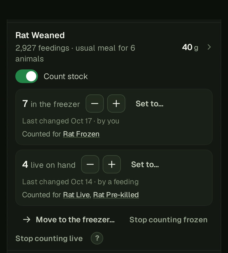 Rat Weaned on Food settings on a phone, with Count stock on: 7 in the freezer and 4 live on hand, each with minus and plus buttons, Set to..., a Last changed line (the freezer's by you) and a Counted for line, Rat Frozen for the freezer and Rat Live and Rat Pre-killed for live, then Move to the freezer…, Stop counting frozen and Stop counting live.