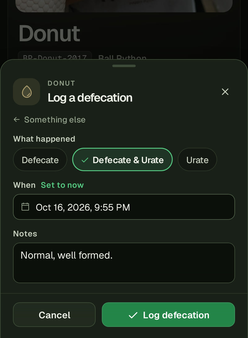 Donut's Log a defecation sheet on a phone: Something else under the head, Defecate & Urate picked of Defecate, Urate and Defecate & Urate, When set an hour back to Oct 16, 2026, 9:55 PM with Set to now beside it, the note Normal, well formed. and the Log defecation button.