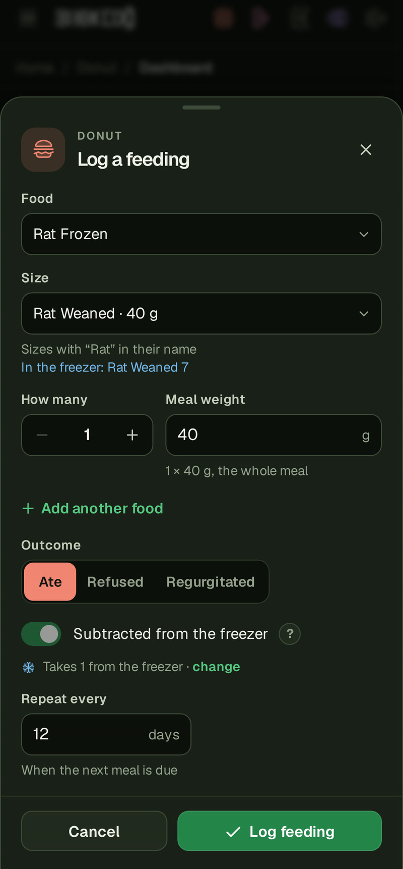 Donut's Log a feeding sheet on a phone: Food Rat Frozen; Size Rat Weaned, with the line Sizes with “Rat” in their name and In the freezer: Rat Weaned 7; How many 1; Meal weight 40 g; Outcome Ate; and Repeat every 12 days.