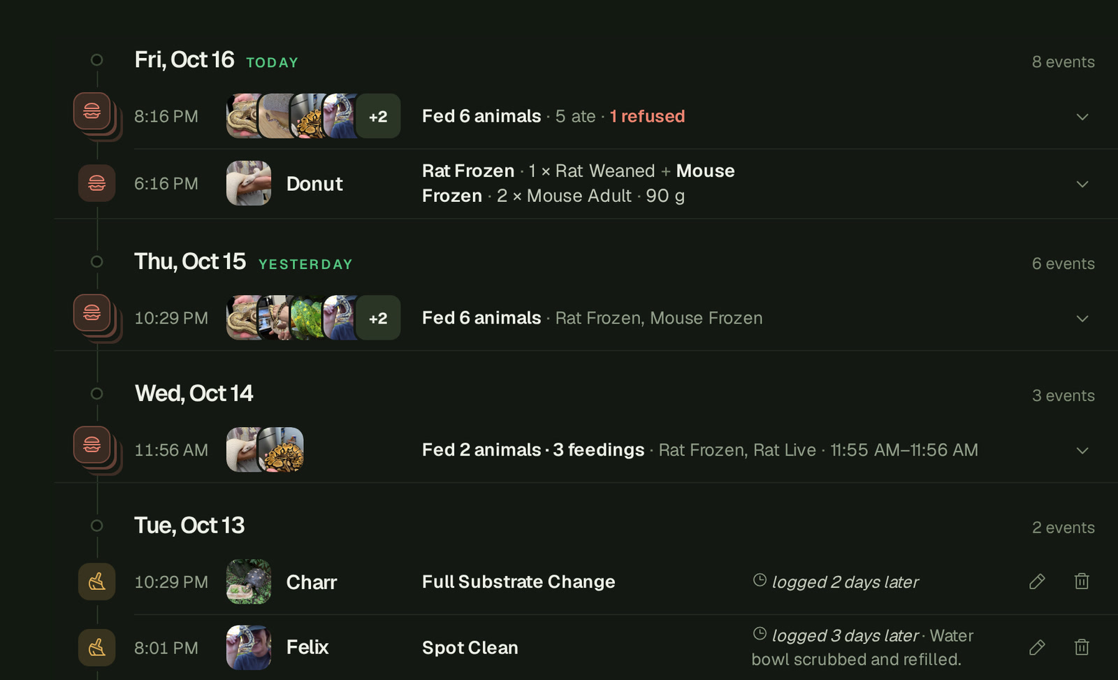 Event History on a computer: today's heading, the sitting Fed 6 animals with its tally 5 ate · 1 refused, Donut's meal of Rat Weaned and two Mouse Adult as one row, then Felix's Spot Clean three days back reading logged 3 days later before its note.