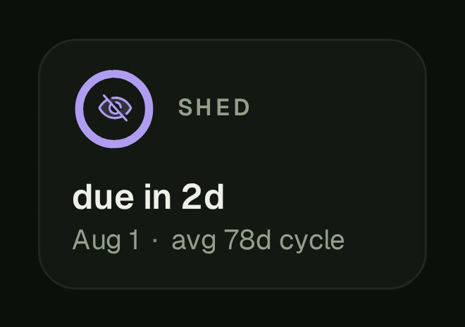Sage's Shed dial on a phone, showing an estimate: due in 2d, with Aug 1 · avg 78d cycle under it.