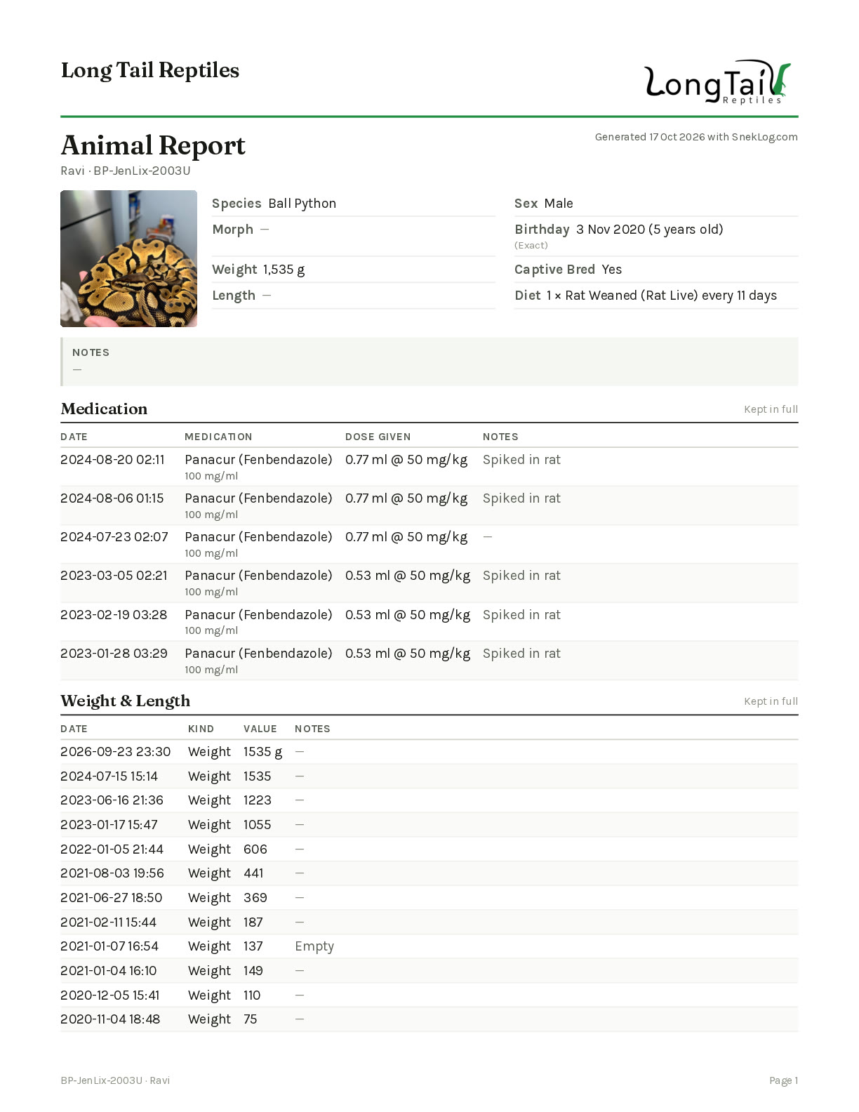 Page 1 of Ravi's Animal Report on Letter paper: the Long Tail Reptiles letterhead and logo, his facts, then the first sections of his history, Medication and Weight & Length, each headed Kept in full.