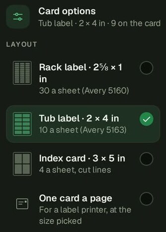 Card options’ layouts: Rack label, Tub label (picked), Index card and One card a page, each with its size and how many fit a sheet.