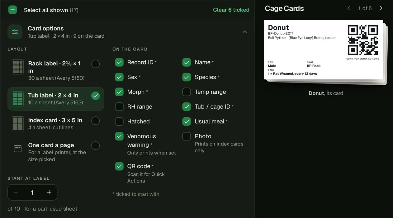 Card options on the Cards tab: Tub label picked, Start at label 1, and the boxes for what goes on the card, nine of them ticked. Beside it, the preview shows Donut’s card, 1 of 6, with arrows to step through.