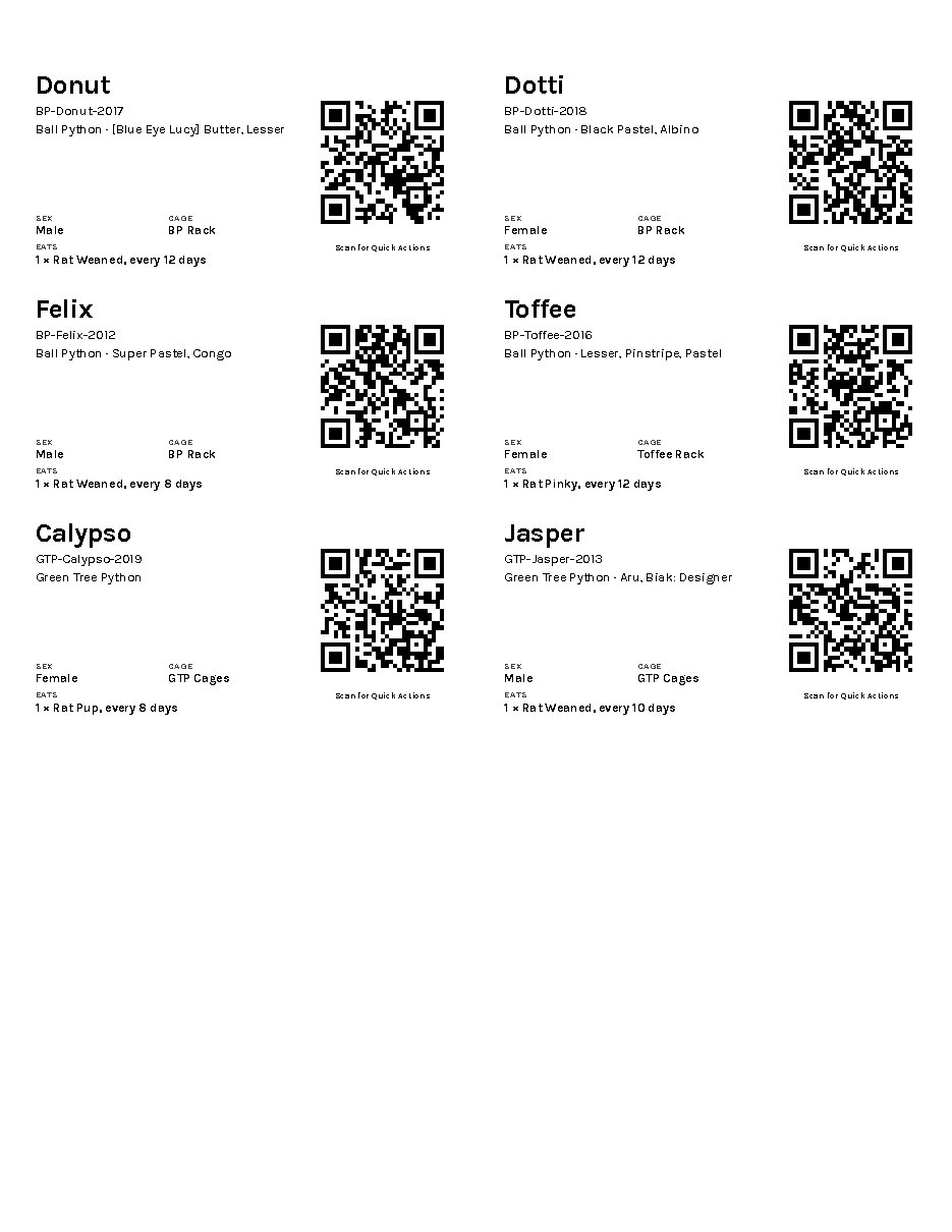 A printed sheet of six tub labels, for Donut, Dotti, Felix, Toffee, Calypso and Jasper. Each shows the record ID, species and morph, sex, cage, what it eats and a QR code.