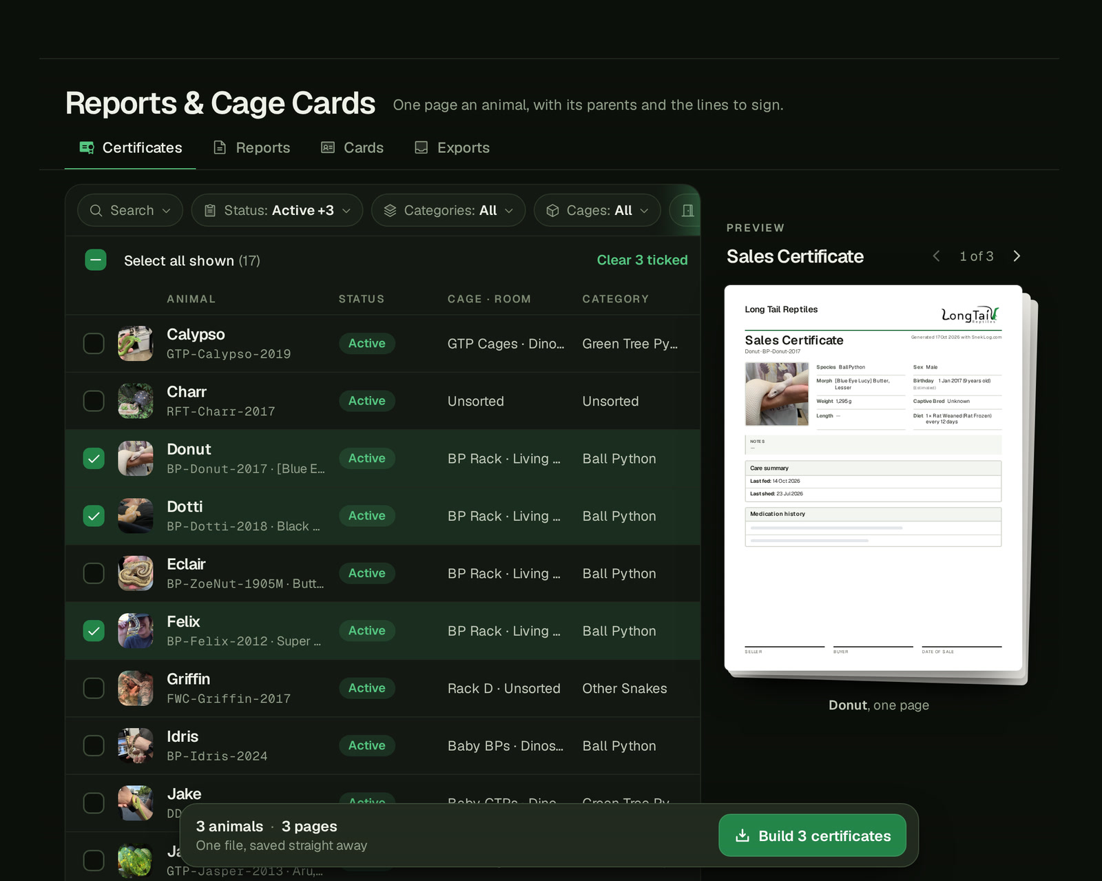 Reports & Cage Cards on a computer, on the Certificates tab: the four tabs, the filter row, Select all shown, the list with Donut, Dotti and Felix ticked, the first one's certificate hanging beside the list with 1 of 3 and its arrows, and the bar reading 3 animals · 3 pages with Build 3 certificates.