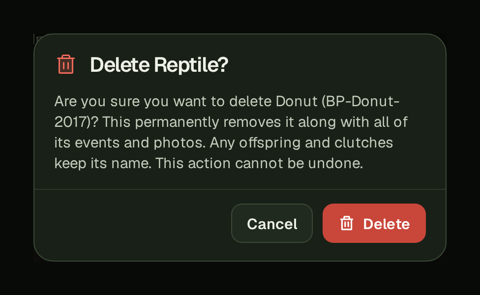 The Delete reptile? dialog on a computer: Are you sure you want to delete Donut (BP-Donut-2017)? This permanently removes it along with all of its events and photos. Any offspring and clutches keep its name. This action cannot be undone. Then Cancel and Delete.