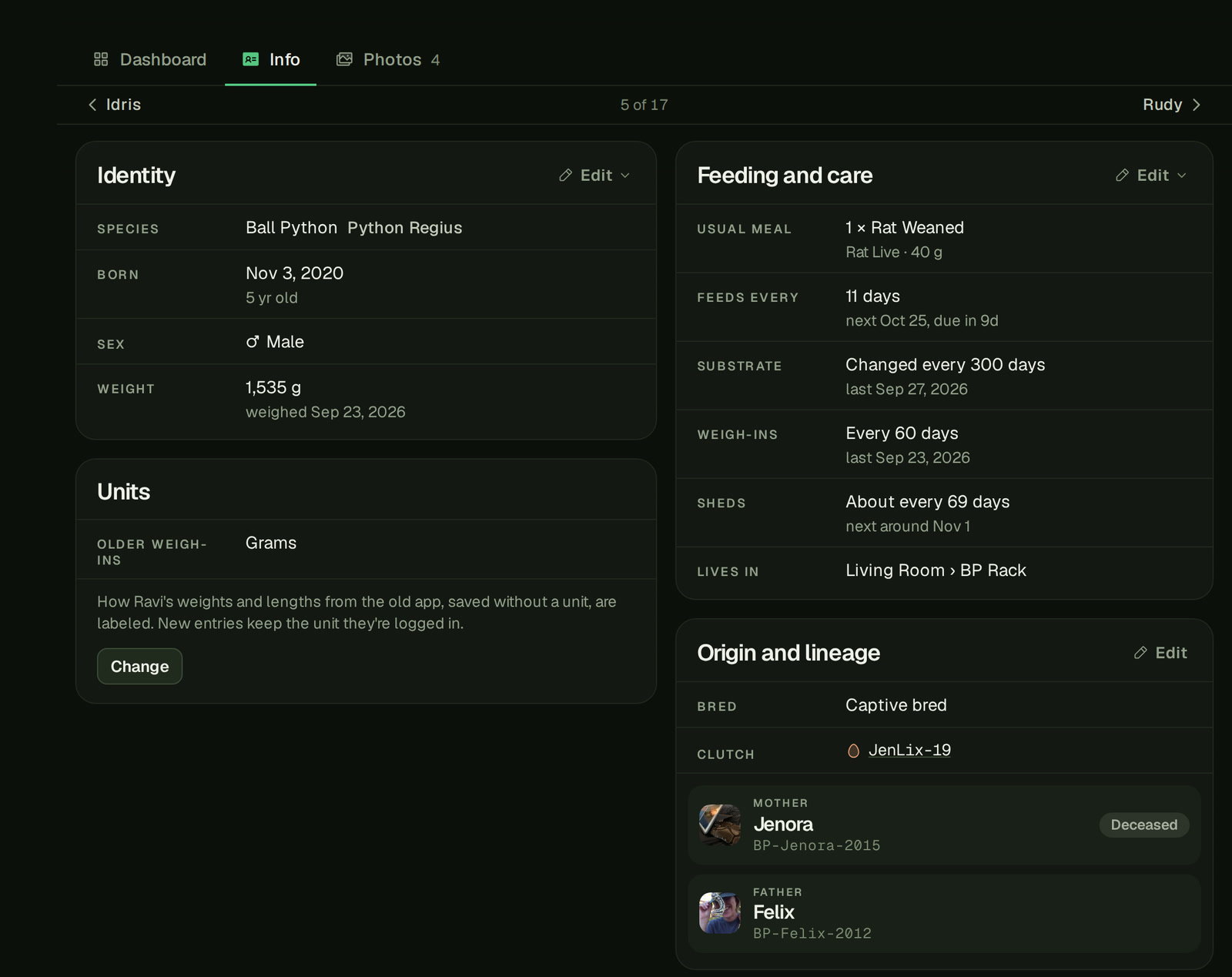 Ravi's Info tab on a computer in two columns: Identity, Feeding and care with Feeds every and its next date, and Origin and lineage with Mother Jenora and her Deceased icon, Father Felix and the Clutch JenLix-19 as a link.