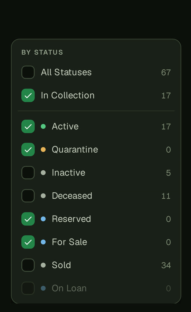 Home's Status list open on a phone: the heading By status, All statuses, In collection ticked, then each status with a tick box and its count (Active, Quarantine, Reserved and For Sale ticked, Sold 34), and On Loan grayed out with 0.