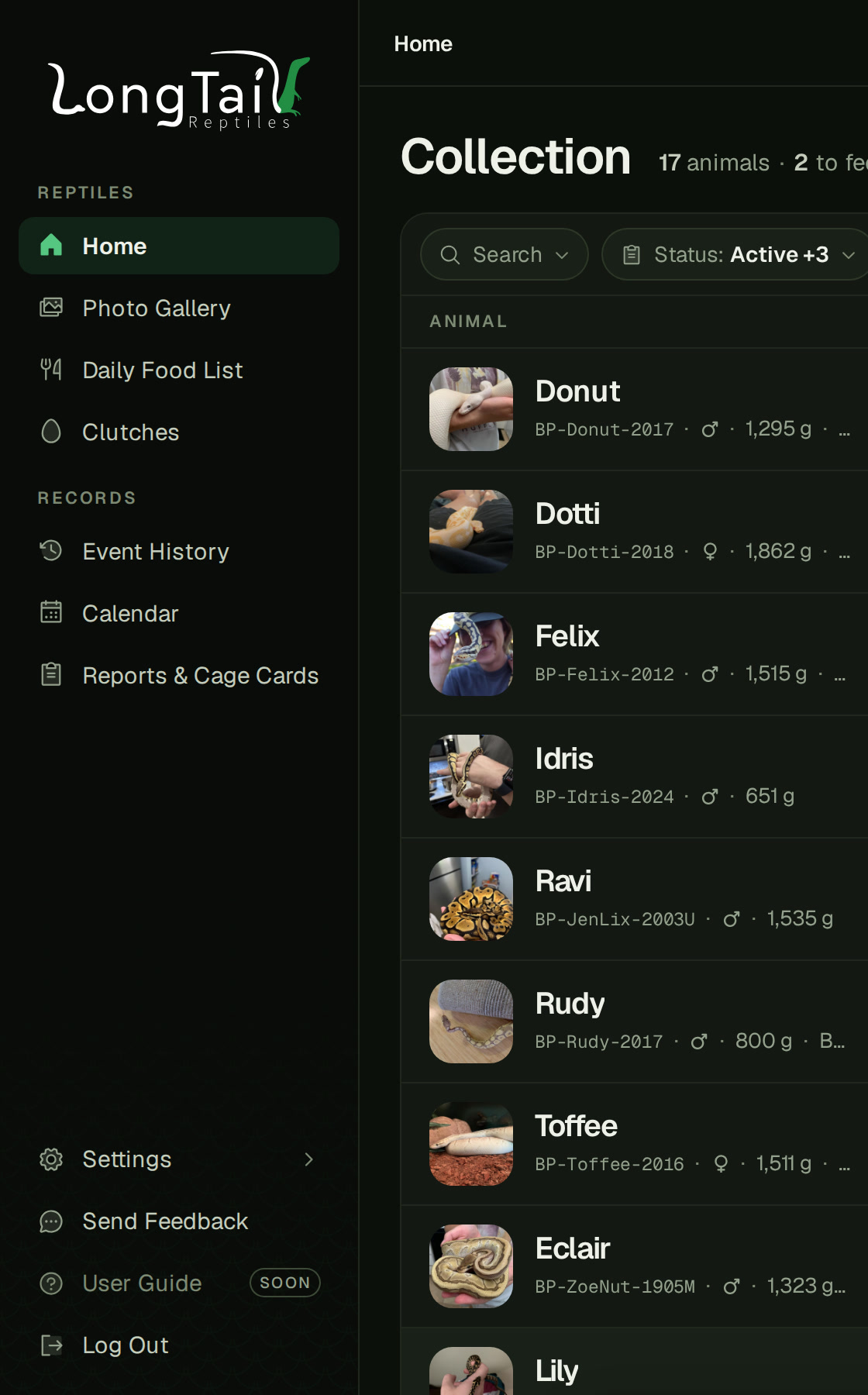Home on a computer with the sidebar down its left: the LTR logo, the Reptiles group (Home lit, Photo Gallery, Daily Food List, Clutches), the Records group (Event History, Calendar, Reports & Cage Cards), and at the foot Settings, Send feedback, User Guide (Soon) and Log out, with the start of Home's rows beside it.